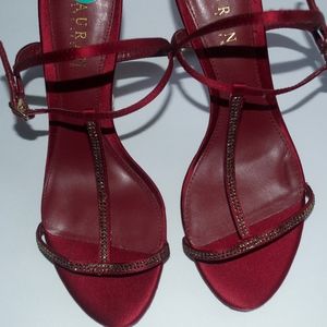 Ralph Lauren T-Strap Maroon Satin Heels